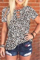 Summer Leopard O-Neck Cut Out Shirt