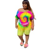 Plus Size Tie Dye Fringe Shirt and Plain Shorts