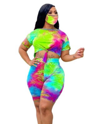 Sexy Tie Dye Two Piece Shorts Set with Face Cover