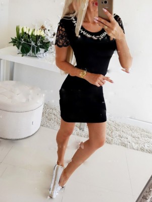 Summer O-Neck Beaded Mini Dress with Lace Sleeves