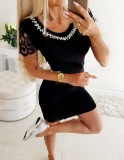 Summer O-Neck Beaded Mini Dress with Lace Sleeves