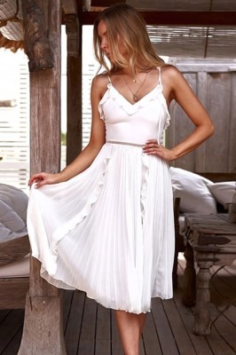 Summer White Strap Pleated Ruffle Dress