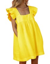 Summer Solid Color Cute Square A-line Ruffle Dress