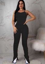 Solid Color Halter Stacked Slit Jumpsuit