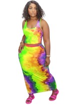 Sexy Tie Dye Two Piece Fit Midi Skirt Set