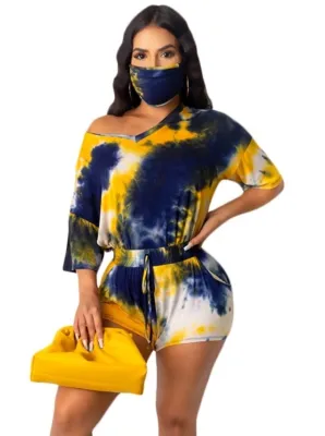 Summer Tie Dye Two Piece Shorts Set with Face Cover