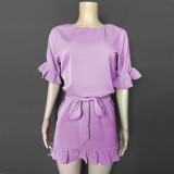 Summer Solid Color Ruffle Mini Dress with Belt