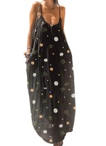 Summer Black Floral Strap Boho Long Dress