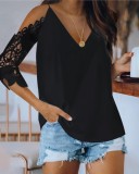 Solid Color V-Neck Strap Shirt with Hollow Out Sleeves