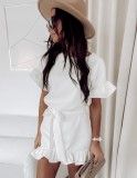Summer Solid Color Ruffle Mini Dress with Belt