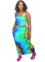 Sexy Tie Dye Two Piece Fit Midi Skirt Set