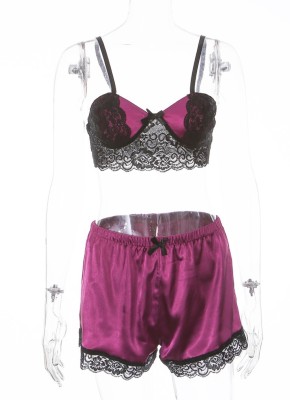 Sexy Two Piece Satin Shorts Pajama Set with Lace Trims