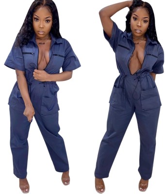 Casual Blue Drawstring Zipper Jumpsuit