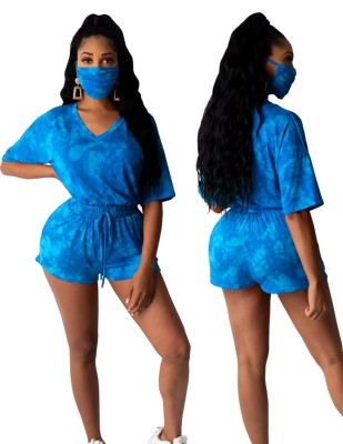 Summer Tie Dye V-Neck Two Piece Shorts Set with Face Cover