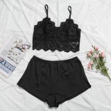 Sexy Black Lace Vest and Shorts Pajama Set