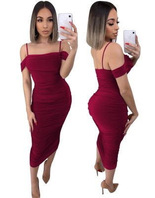 Sexy Plain Color Strap Ruched Midi Dress