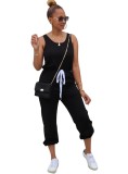 Casual Plain Sleeveless Drawstrings Jumpsuit