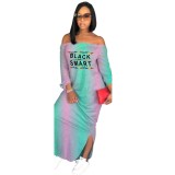 Print Off Shoulder African Slit Gradient Long Dress