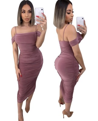 Sexy Plain Color Strap Ruched Midi Dress