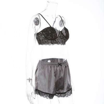 Sexy Two Piece Satin Shorts Pajama Set with Lace Trims