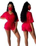 Summer Tie Dye V-Neck Two Piece Shorts Set with Face Cover