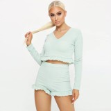 Casual Two Piece Ruffles Crop Top and Shorts Set