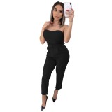 Sexy Strapless Plain Jumpsuit with Belt