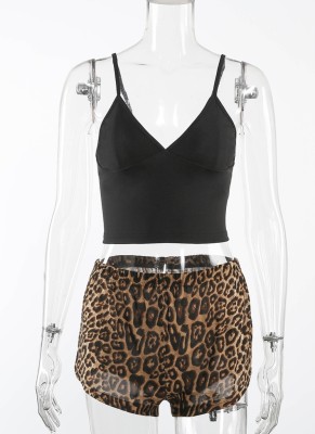 Sexy Black Vest and Leopard Shorts Pajama Set