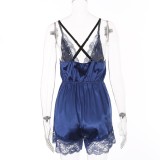 Sexy Satin V-Neck Halter Rompers Pajama with Lace Trims