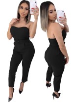 Sexy Strapless Plain Jumpsuit with Belt