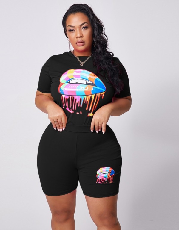 Plus Size Lip Print Two Piece Shorts Set