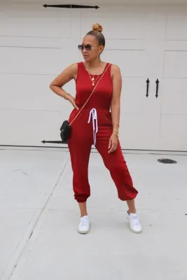 Casual Plain Sleeveless Drawstrings Jumpsuit