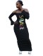 Off Shoulder Print Long Sleeve Ruched Long Dress