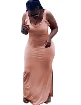 Summer Ruffle Strap Slit Plain Long Dress