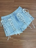 Sexy Lace Up Blue Denim Shorts