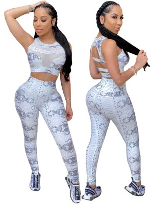 Sports Sexy Snake Skin Crop Top and Legging Set