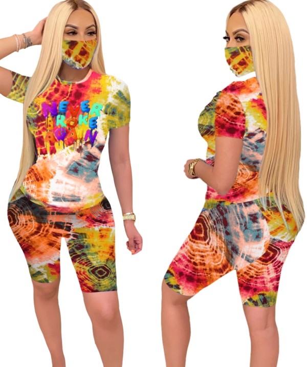 Summer Tie Dye Two Piece Short Set with Face Cover