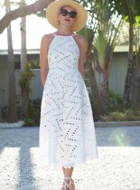 White Hollow Out Halter Long Dress