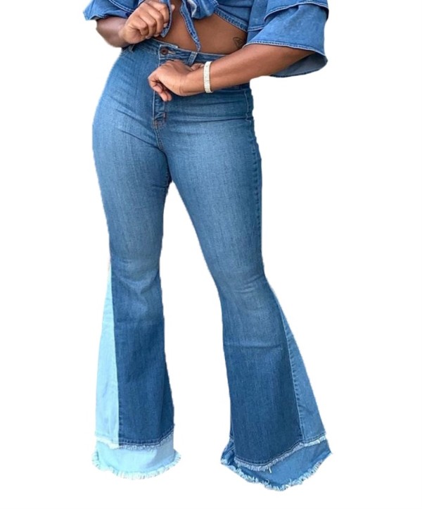 Sexy High Waist Blue Contrast Flare Jeans