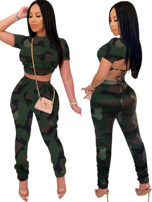 Summer Camou Green Crop Top and Stacked Pants Set