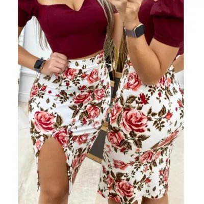 Sexy High Waist Floral Slit Slim Skirt