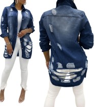 Stylish Long Sleeve Ripped Denim Jacket