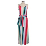 Summer Colorful Stripes Strap Long Dress with Belt