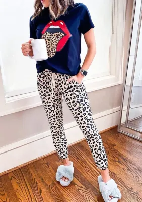 Summer Tongue Shirt and Leopard Pants Pajama Set