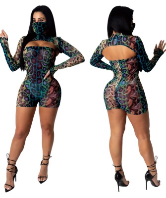 Sexy Snake Skin Bodycon Rompers with Face Cover