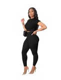 Sexy Plain Crop Top and Ruched Pants Set