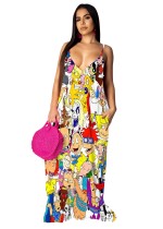 Summer Cartoon Print Strap Maxi Dress