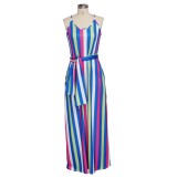 Summer Colorful Stripes Strap Long Dress with Belt