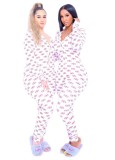 Sexy Print Deep-V Long Sleeve Jumpsuit Pajama