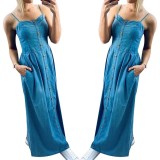 Summer Blue Denim Strap Long Dress
